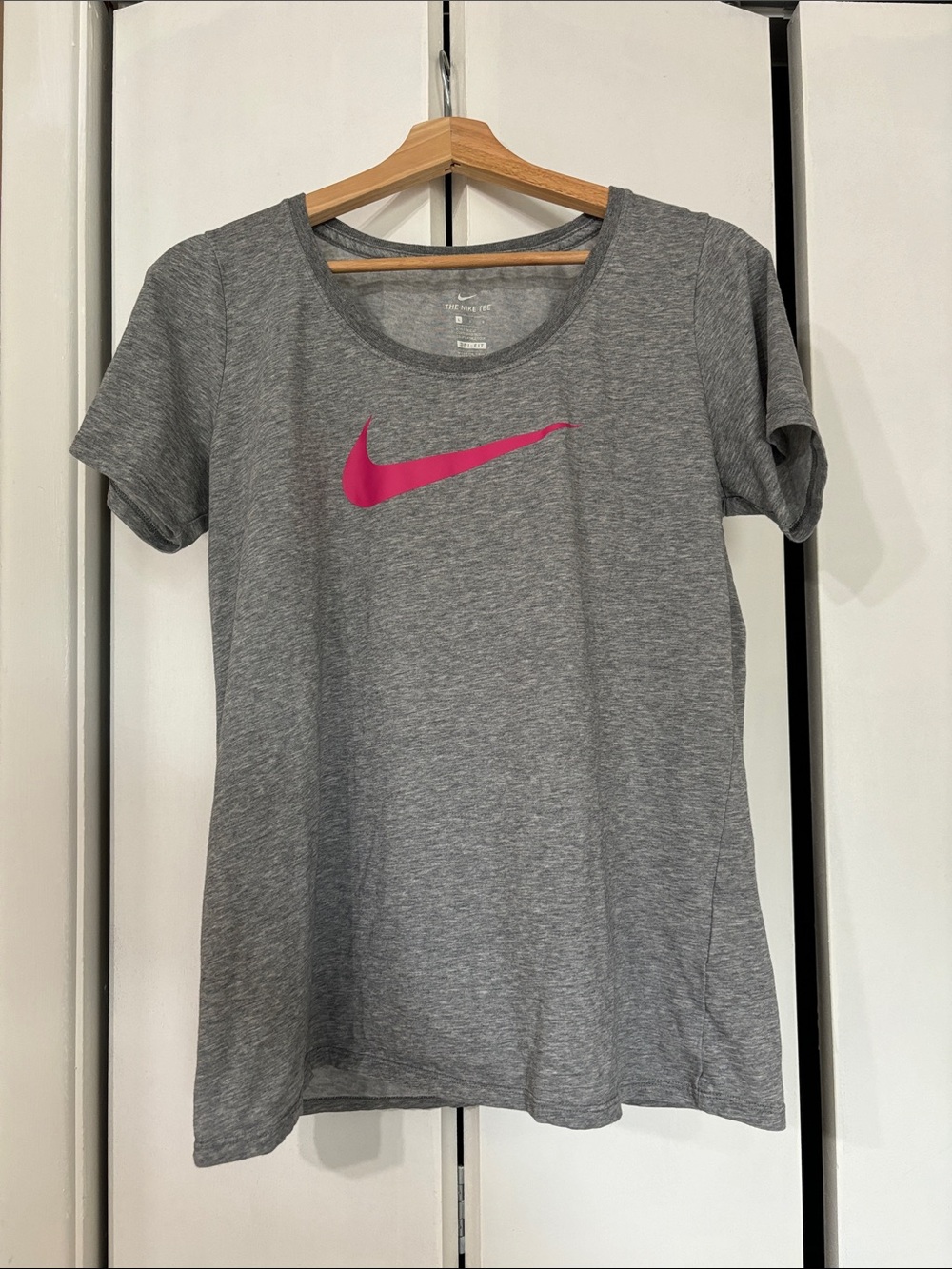 Nike Gray Short-Sleeve Tee with Pink Swoosh